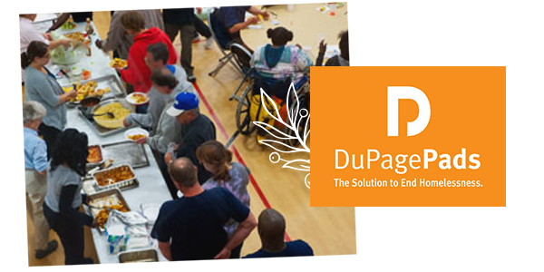 collage of dupage pads logo and a shot from a community meal event