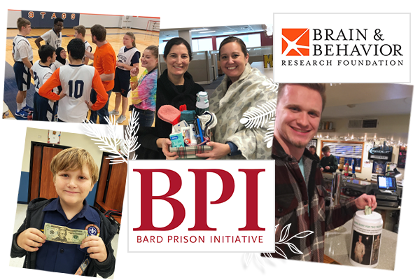 collage of images of people donating to the community and logos for brain & behavior research foundation and Bard Prison Initiative