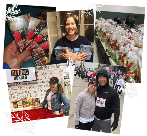 collage of food donations and running races to raise money for food