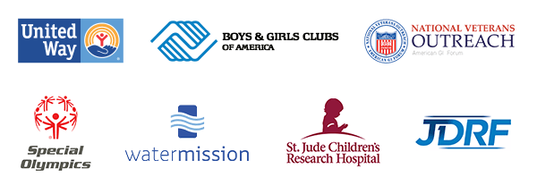 logos of united way, boys and girls clubs of america, national veterans outreach, special olympics, watermission, st jude children's research hospital, and JDRF