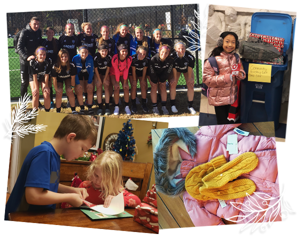 Collage of children donating, on a sports team, and writing cards to people