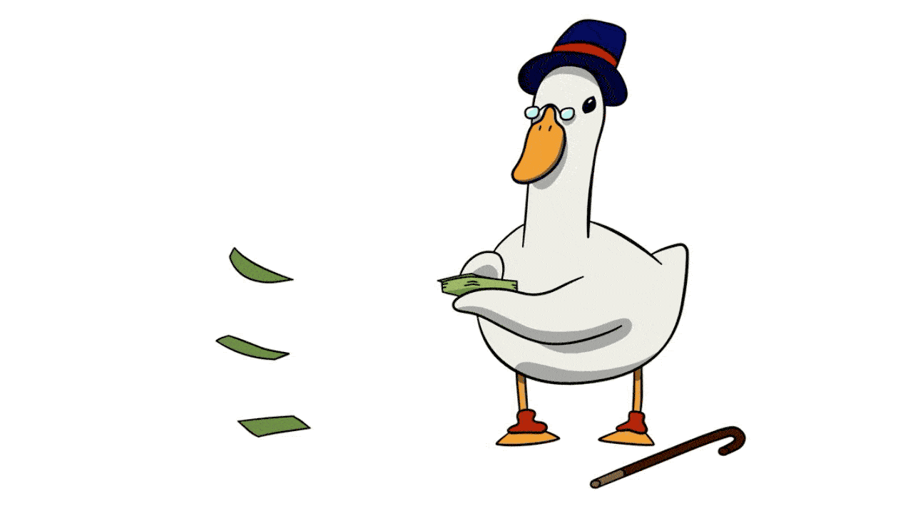gif of illustrated goose making it rain with dollar bills