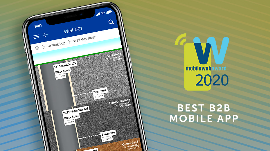 mobile phone with wellconnect, showing well diagram breakdown next to MobileWebAward 2020 logo and text saying "Best B2B Mobile App"