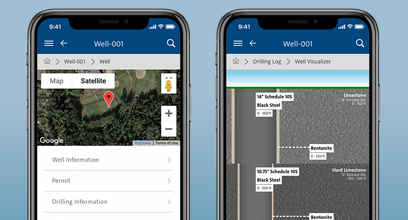 app screenshots of wellconnect showing a well project and well diagram breakdown