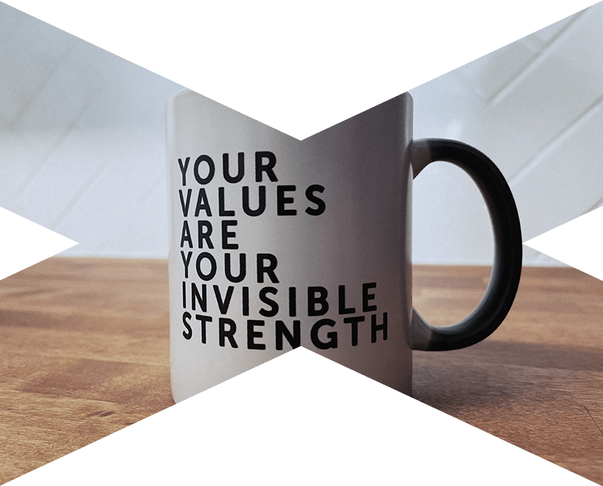 The Mx Group coffee mug displaying the phrase, "your values are your invisible strength."