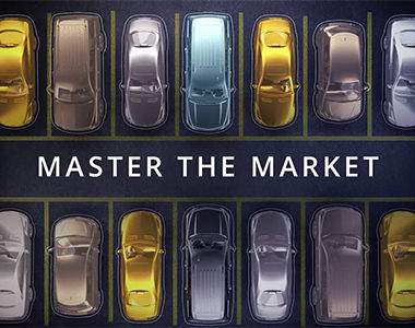 illustrated line of cars in parking spots and a title that says master the market