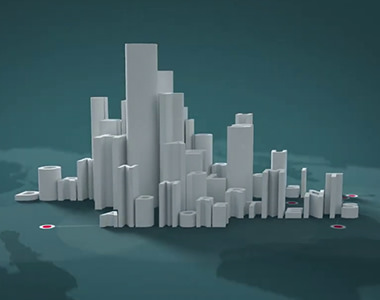 video still showing letters in 3d making up a city skyline