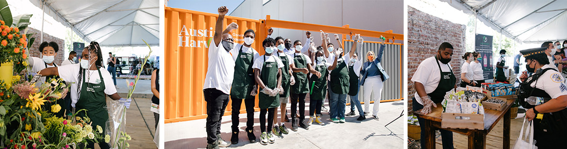 Three separate images depicting the community of youth organizers of the Austin Harvest created by By The Hand Club For Kids. First image is a photo of two young teens arranging flowers for bouquets. The second image is a group of teens with the leaders of By The Hand Club For Kids proudly standing with their fists in the air. The third image is a crowd at the check-out lane at the Austin Harvest. A teen is helping a Chicago police officer check-out their purchases.