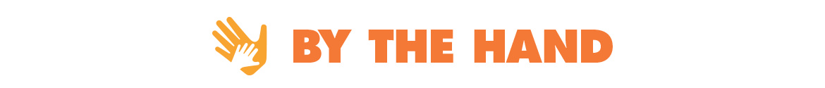 The orange logo for By The Hand Club For Kids featuring a large, adult hand holding a smaller hand followed by the words, "By The Hand."