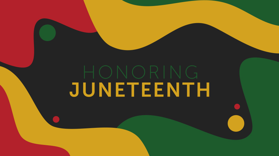 The words, "Honoring Junetheenth" displayed on top of the background with a melted color collage of black, yellow, green, and red.