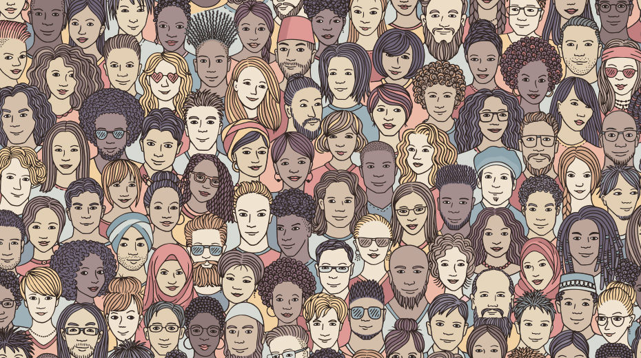 A colored illustration of a collage of different people's faces symbolizing the diversity of cultures and how the human truth in global B2B marketing can transcend those cultures and languages.
