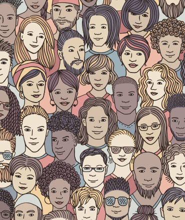 A colored illustration of a collage of different people's faces symbolizing the diversity of cultures and how the human truth in global B2B marketing can transcend those cultures and languages.