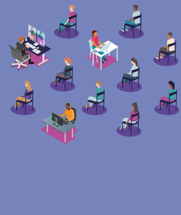 Illustration of people at desks and sitting in chairs in a hybrid event
