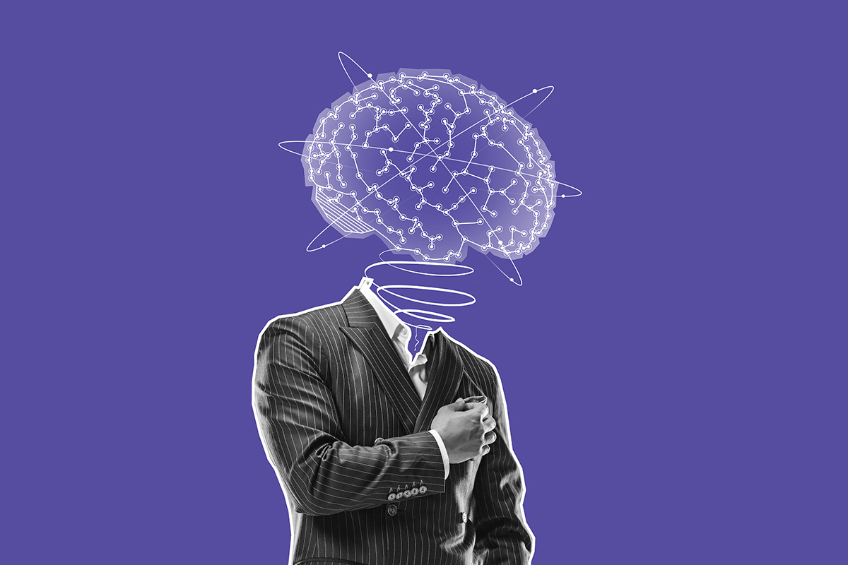 Google AI Overviews and AI search for content hub shows a man with a sketched brain for a head on a purple background
